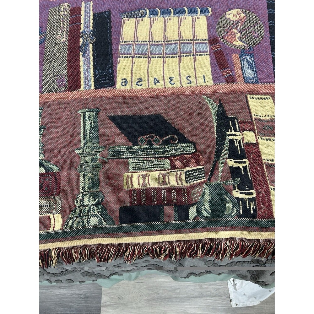 VTG Goodwin Weavers Cotton Tapestry Fringe Blanket Library Book Shelf 68”x49” - Picture 7 of 11